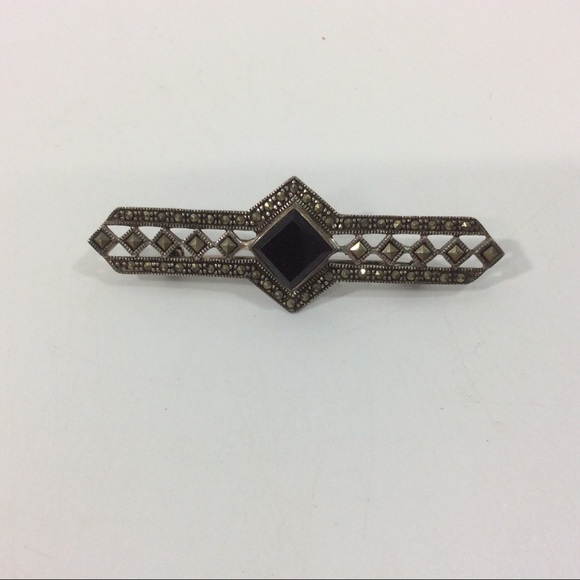 Vintage 925 Sterling Silver Black Onyx Marcasite Bar Pin Brooch - Picture 1 of 3
